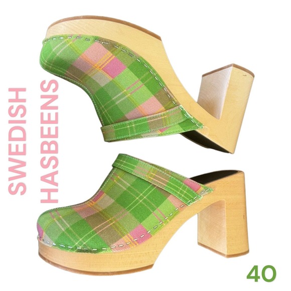 Swedish Hasbeens Shoes - SWEDISH HASBEENS WOMENS FRONT STITCHED HUSBAND SKY HIGH CLOGS SZ 40 TARTAN PLAID